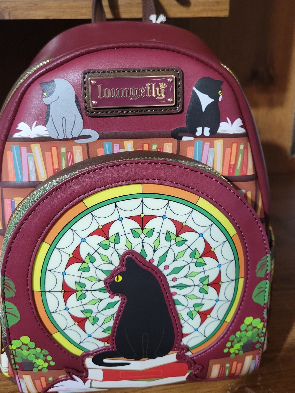 Loungefly Bam Exclusive Light Up Stained Glass Library Black Cat Mini Backpack.